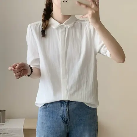 夏季新款文艺小清新白色宽松休闲百搭纯棉衬衫女短袖纯棉双层棉纱图片