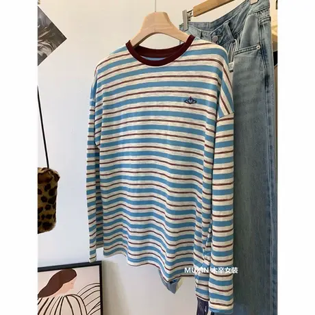 纯棉刺绣爱心星球拼色条纹时尚复古春秋季宽松棉质长袖女式T恤衫商品大图