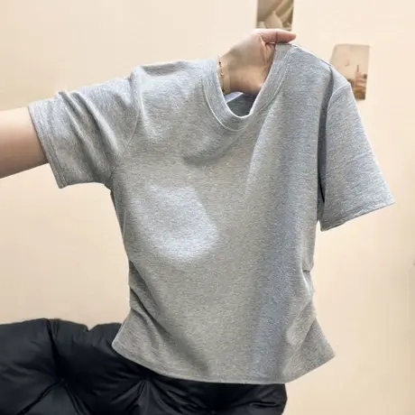 辣妹褶皱收腰短袖T恤女夏季修身韩版打底衫内搭短款正肩上衣半袖图片