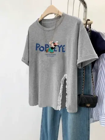 港风chic不规则短袖t恤女2025新款纯棉大码潮ins小众开叉显瘦上衣图片