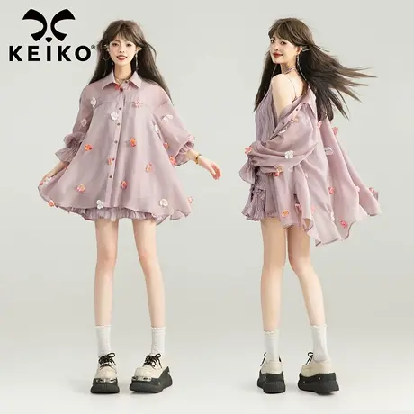 KEIKO [立体花朵] 淡紫色薄纱衬衫女25夏季独特漂亮防晒开衫上衣商品大图