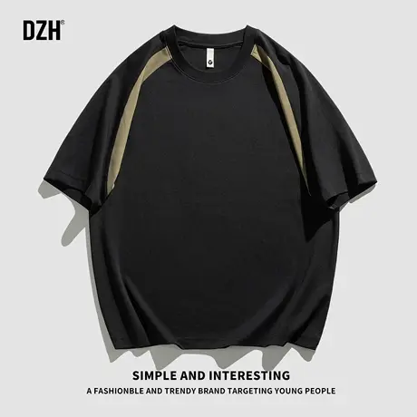 青少年撞色拼接t恤男圆领夏季潮牌2025新款休闲黑色短袖男款半袖图片