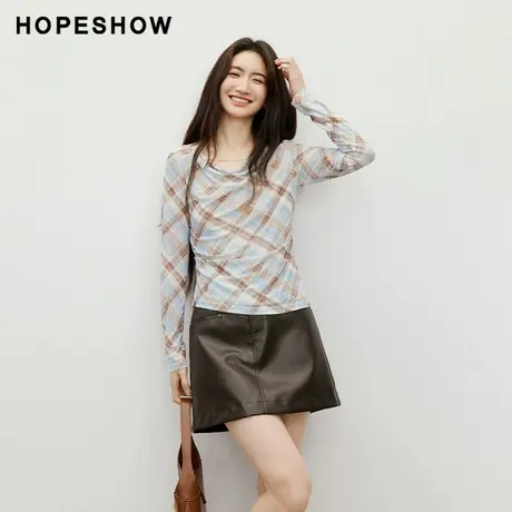 红袖2025秋季新款女装【海盐可露丽】格纹荡领捏褶开叉长袖上衣图片