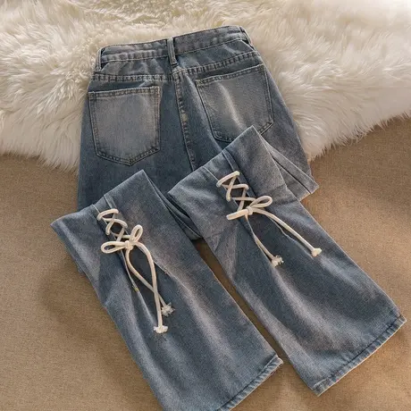 阔腿绑带大码牛仔裤女春夏季胖mm高街原宿风设计感黑色微喇叭裤子商品大图