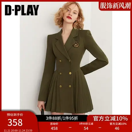 DPLAY【黑标】秋装装复古绿色气质百褶西装裙学院风时尚连衣裙图片