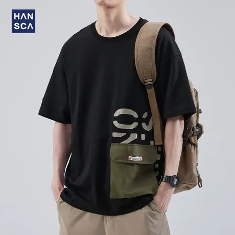 hansca黑色短袖t恤男大码2023夏季潮牌贴袋纯棉休闲圆领半袖上衣商品大图