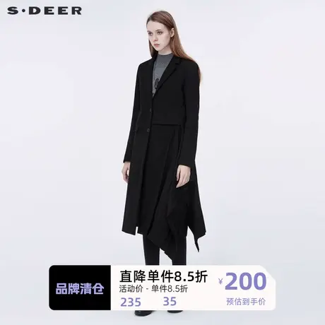 sdeer圣迪奥毛呢大衣女装平驳领风琴褶纯黑长款风衣外套S20381826图片