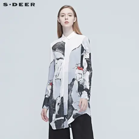 sdeer圣迪奥女装翻领抽象人物印花别致衬衫女设计感小众S20380506图片