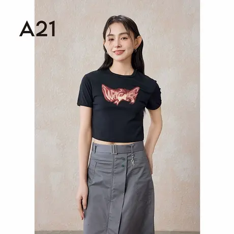 A21女装针织显瘦圆领短袖T恤夏季新款女生美式设计感时尚短款上衣图片