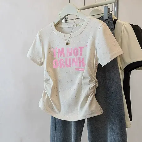 2025新款潮流小个子短款收腰t恤女褶皱修身彩虹波点短袖减龄上衣商品大图