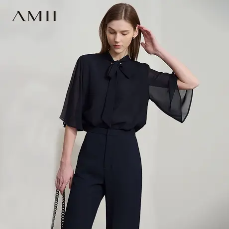 Amii2025夏新款优雅通勤小立领喇叭袖绑带双层雪纺衫女宽松上衣商品大图