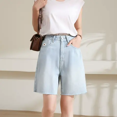 时尚气质短裤2024年夏季新款女高腰显瘦宽松休闲直筒浅蓝五分裤商品大图