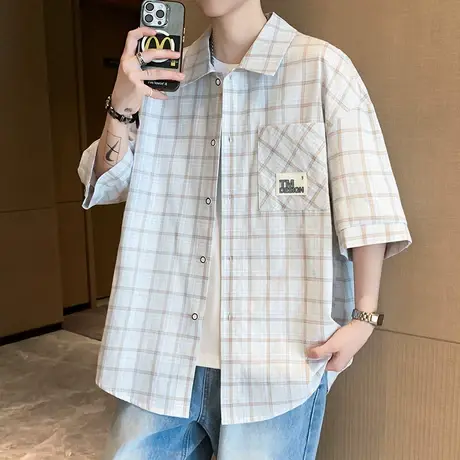纯棉格子衬衫男夏季透气短袖衬衣外套男宽松休闲青少年五分袖寸衫商品大图