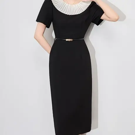 首尚格释2025夏季新品撞色褶皱花边领收腰时尚优雅气质系带连衣裙商品大图