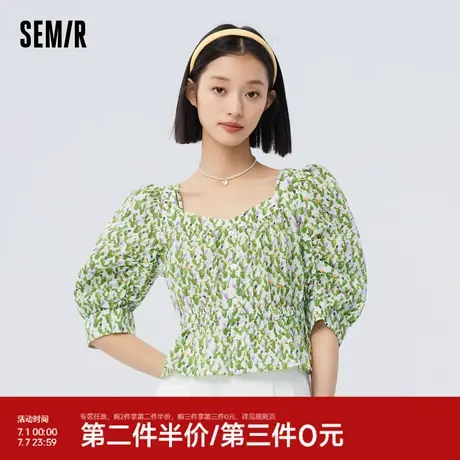 森马中袖衬衫女短款纯棉宽松衬衣小清新森系夏季肌理衣服复古气质图片