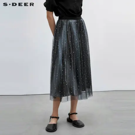 sdeer圣迪奥女装松紧网纱不规则亮片A字长裙S222Z1174商品大图