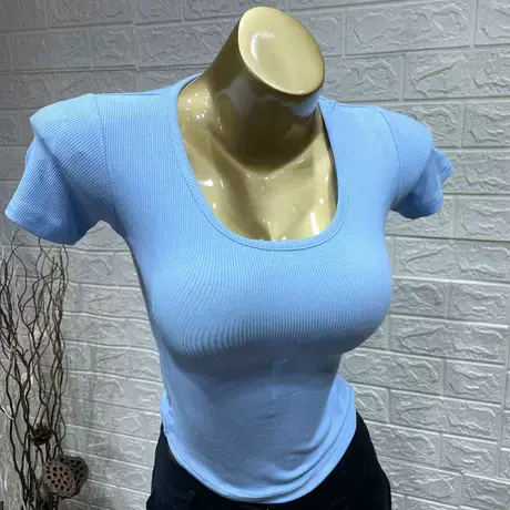 2021夏季新款韩版紧身性感显胸短袖Ｔ恤女短款螺纹内搭打底衫上衣商品大图