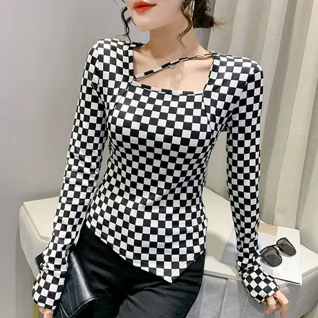 撞色棋盘格打底衫女时尚洋气不规则上衣时髦性感镂空长袖T恤春秋商品大图