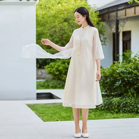 素飞安然夏季新款中式禅意茶服女中国风连衣裙古风仙女裙改良旗袍商品大图