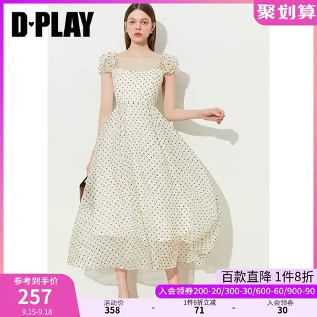 DPLAY2023夏温柔法式奶杏波点纱肌理感小泡袖高腰大摆连衣裙商品大图