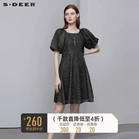 sdeer圣迪奥夏季长裙方领裙子泡泡袖高腰黑色连衣裙S222Z12T6🏽商品大图