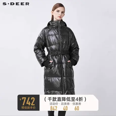 sdeer圣迪奥秋冬休闲连帽收腰黑色长款羽绒服女S21482429🗒商品大图