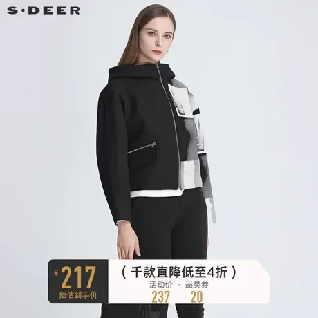 sdeer圣迪奥冬女装高领连帽不规则撞色印花宽松短外套S20482220🐨商品大图