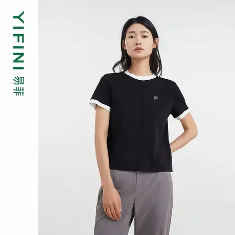 [专柜同款]Yifini/易菲时尚绣花短款撞边百搭T恤女上衣Y04Z1304商品大图