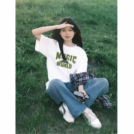 圆领白色纯棉短袖t恤女2025新款小众宽松慵懒风胖mm大码夏季穿搭商品大图