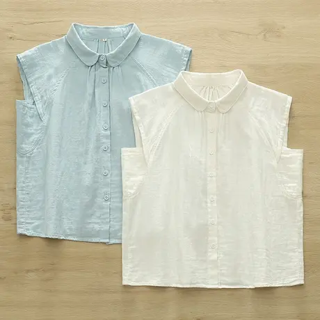 夏季文艺双层棉纱百搭元宝领盖肩短袖衬衫女士宽松书卷气无袖衬衣商品大图