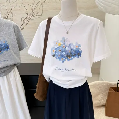 韩系新款宽松印花百搭女装休闲小众设计感雪花棉上衣t恤小衫短袖图片