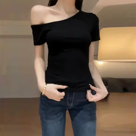 chic甜辣斜领露肩短袖T恤女夏季修身韩版小个子短款正肩纯欲上衣商品大图