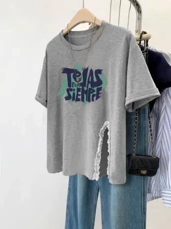 灰色高级感小众短袖女美式chic大码纯棉T恤ins潮夏季开叉别致上衣商品大图