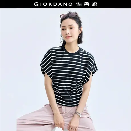 佐丹奴短袖T恤女夏新款时尚条纹蝴蝶袖收腰修身圆领t恤衫18324621图片
