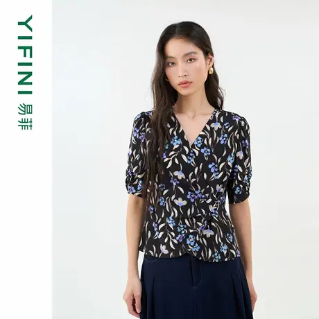 [专柜同款]Yifini/易菲弹力真丝立体收腰显瘦V领修身套头小衫衬衫商品大图