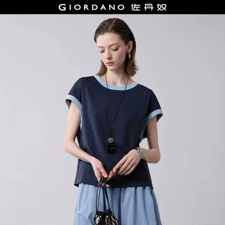 设计师款佐丹奴宽松T恤女新款撞色圆领后幅镂空连袖T恤女18325514图片