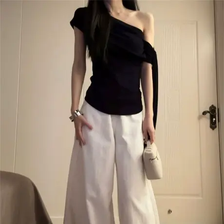 辣妹性感一字斜肩短袖T恤女夏季修身韩版打底衫设计感露肩上衣潮商品大图