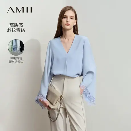 Amii2025夏季新款极简纯色V领雪纺衫女宽松蕾丝花边拼接袖口上衣商品大图