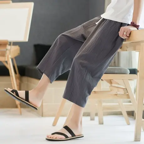 棉麻亚麻短裤男夏季潮牌六分7分阔腿裤oversize过膝七分八分裤子图片