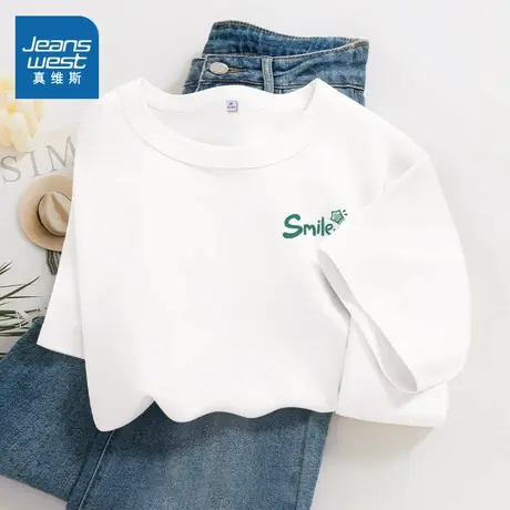 KMV真维斯白色短袖t恤女夏季2025新款小个子纯棉宽松薄款内搭上衣商品大图