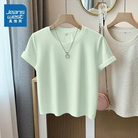 KMV真维斯绿色纯棉短款女t恤夏2025新款小众小个子高级感显瘦体恤图片