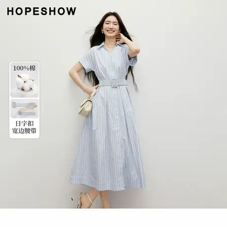 红袖2025秋季新款女装100棉欧若风条纹系带前开叉翻领短袖连衣裙商品大图