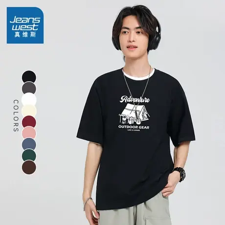 DS真维斯男装2023夏季新款纯棉圆领印花上衣青年黑色宽松短袖T图片