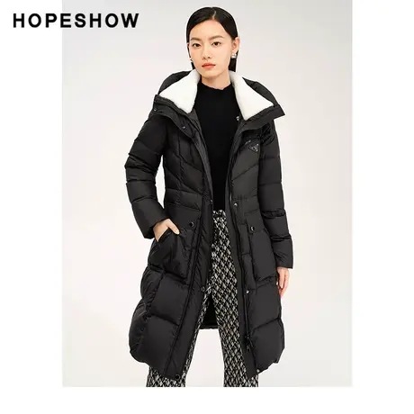 红袖outlets系带撞色连帽羽绒服hopeshow2023冬加厚保暖长款外套图片