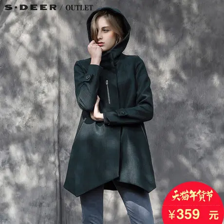 s.deer圣迪奥女装a字大衣毛呢外套冬连帽毛呢大衣S15881834图片