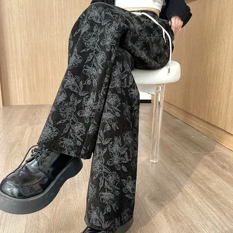 窄版阔腿裤女春秋季2025新款印花高腰宽松设计感黑色提花直筒裤子图片