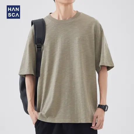 hansca短袖男夏季2024新款竹节棉t恤简约圆领重磅宽松纯色上衣男商品大图