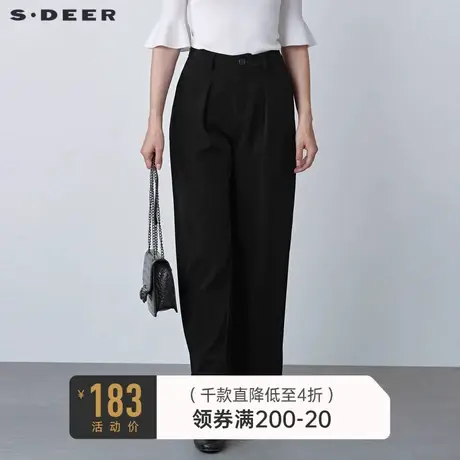 sdeer圣迪奥女装休闲压褶插袋直筒黑色长裤S22160811图片