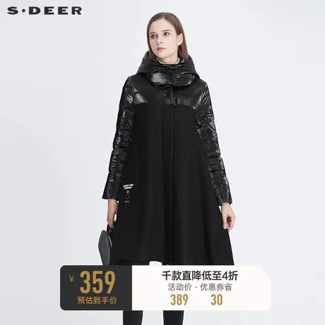 sdeer圣迪奥冬季女装高领连帽拼接羽绒黑色风衣外套S20481701图片