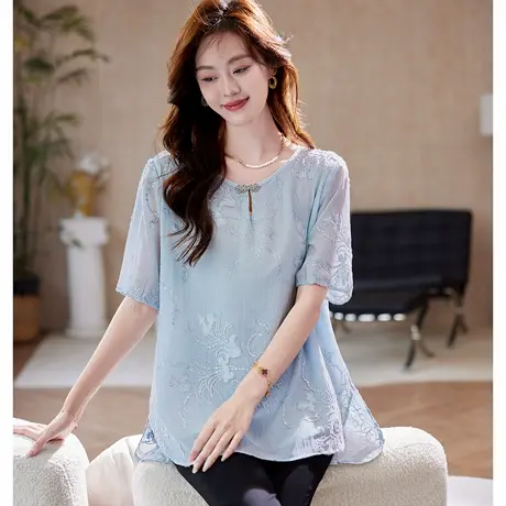 宝诗黎亮片刺绣短袖雪纺衫女2025夏季洋气宽松百搭大码气质小衫商品大图